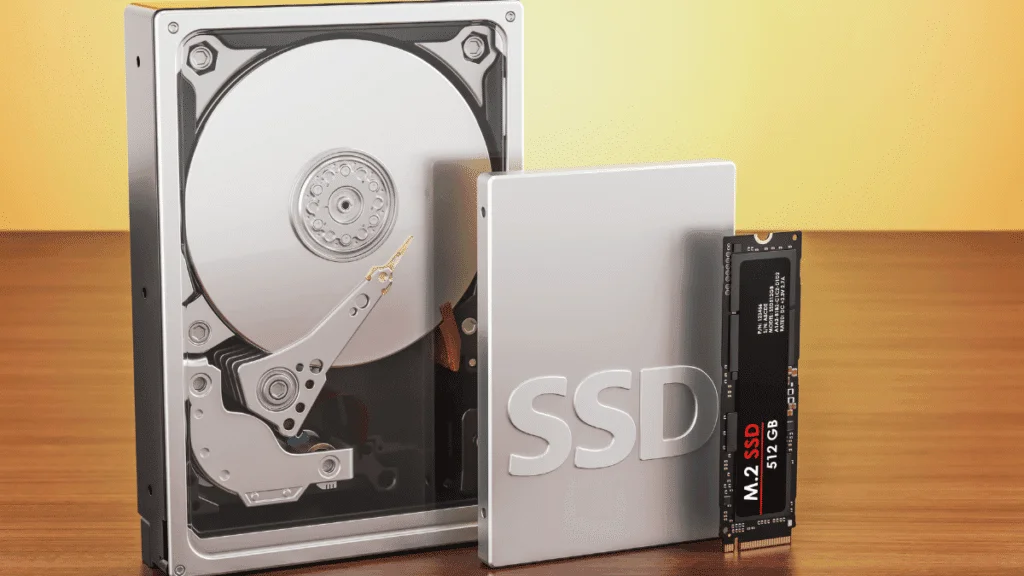 A simple speed comparison graphic showing that SSDs load files, apps, and operating systems faster than traditional HDD storage drives.