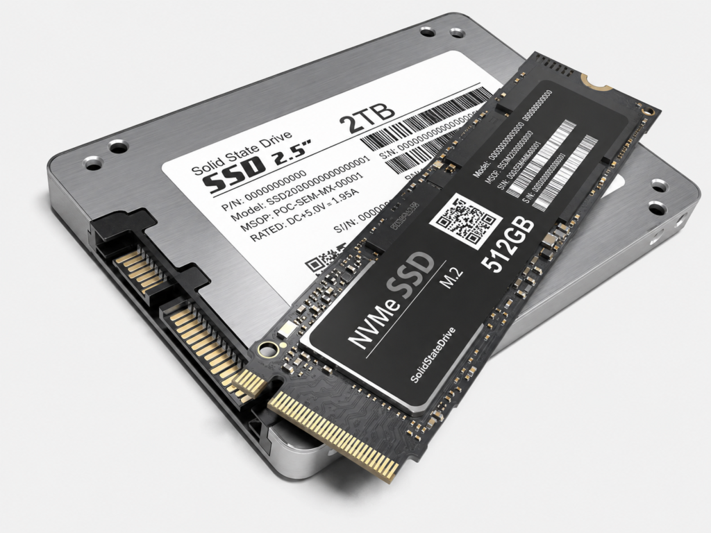 A modern SSD placed on a clean desk, representing fast storage, quick boot time, silent performance, and better speed for laptops and desktop computers.
